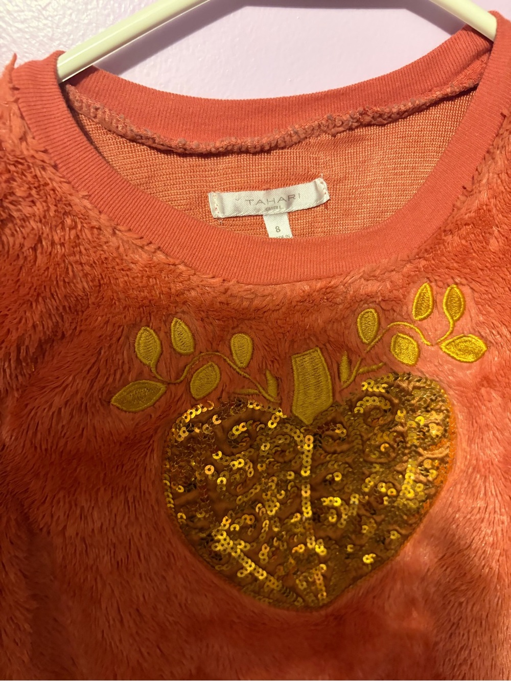 Tahari Coral Fuzzy Sweatshirt with Gold Sequin Heart